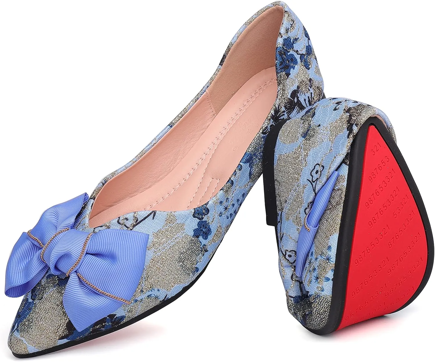 Hxlber Women's Flats Shoes Pointed Toe Bow Embroidery Ballet Comfortable Dressy Slip On Flat