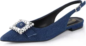 IDIFU Slingback Flats for Women Pointed Toe Rhinestone Buckle Flats for Women Dressy Casual Fashion Comfortable Sexy Work Office Daily Wedding Party Bridal Dress Shoes for Women