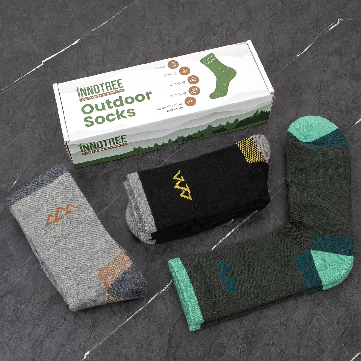 innotree 3 Pack Merino Wool Hiking Socks, Anti Blister Cushioned Micro Crew Socks for Men & Women, Outdoor Thermal Socks