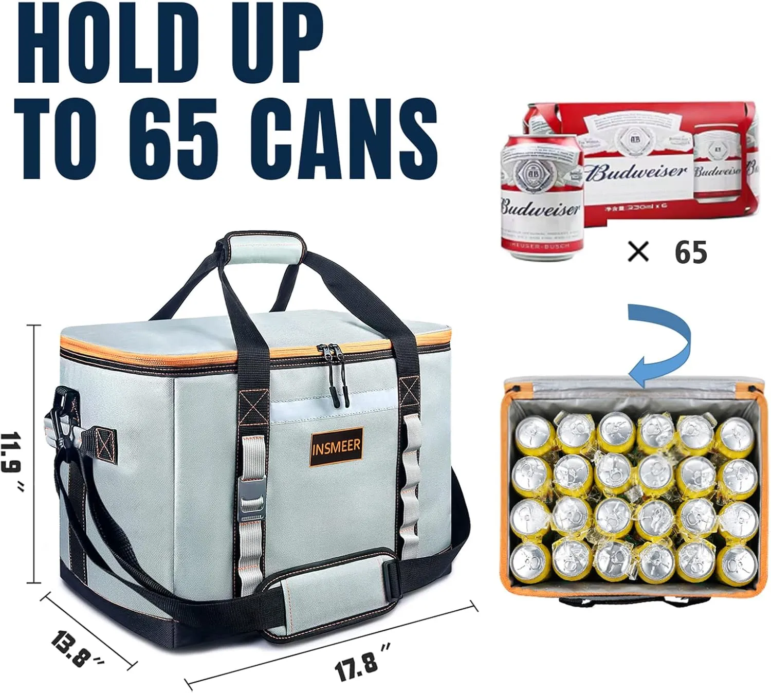 INSMEER Insulated Cooler Bag 65Cans/32 Cans Large Cooler Bag Soft Sided Cooler with Shoulder Strap, Collapsible Leakproof Portable Coolers for Camping/Beach/Food Delivery/Shopping/Outdoor/Picnic