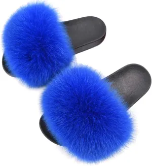 Jancoco Max Real Fox Fur Slides for Women - Fluffy Fur Slippers Open Toe Flat Sandals for Outdoor