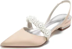 JOEupin Women's Pointed Toe Wedding Shoes for Bride Flats Pearl Sling Back Bridal Flats Evening Prom Party Dress Pumps