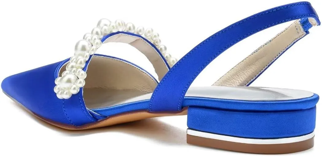 JOEupin Women's Pointed Toe Wedding Shoes for Bride Flats Pearl Sling Back Bridal Flats Evening Prom Party Dress Pumps