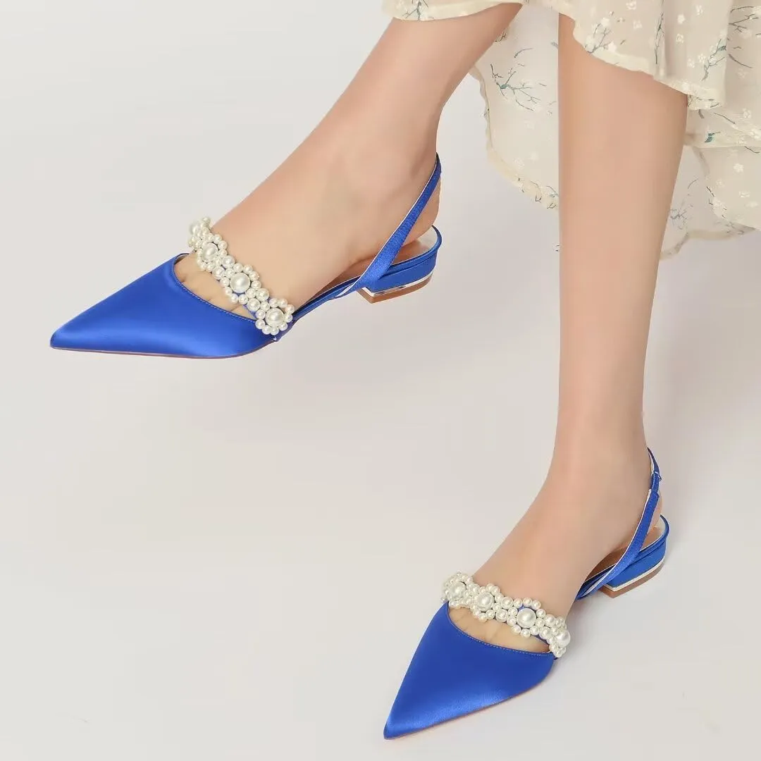 JOEupin Women's Pointed Toe Wedding Shoes for Bride Flats Pearl Sling Back Bridal Flats Evening Prom Party Dress Pumps