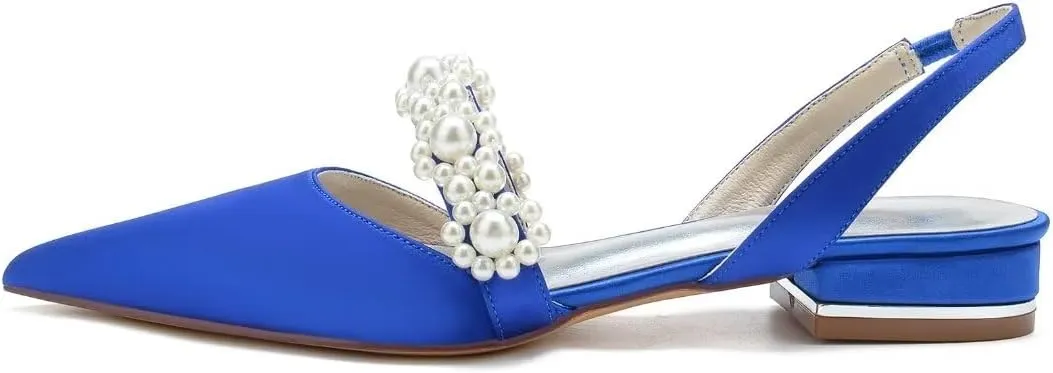 JOEupin Women's Pointed Toe Wedding Shoes for Bride Flats Pearl Sling Back Bridal Flats Evening Prom Party Dress Pumps