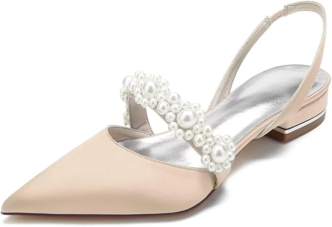 JOEupin Women's Pointed Toe Wedding Shoes for Bride Flats Pearl Sling Back Bridal Flats Evening Prom Party Dress Pumps