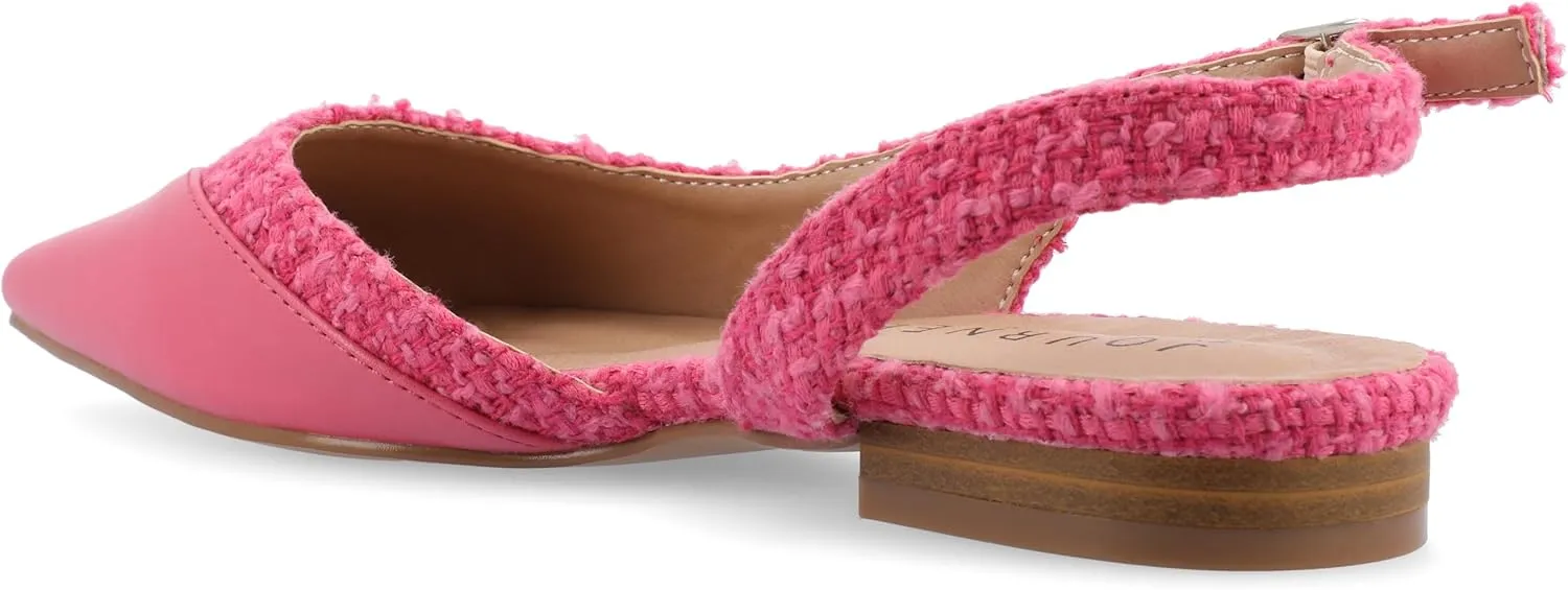 Journee Womens Buckle Slingback Tweed Stacked Block Heel Closed Pointed Toe Comfort Foam Daphnne Flat
