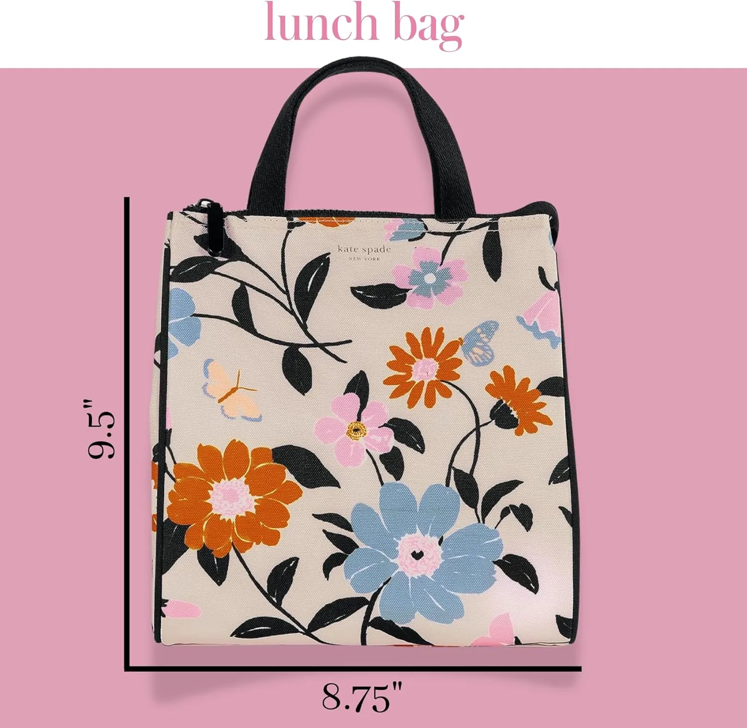 Kate Spade New York Portable Soft Cooler Lunch Bag with Silver Insulated Interior Lining and Storage Pocket, Floral Garden