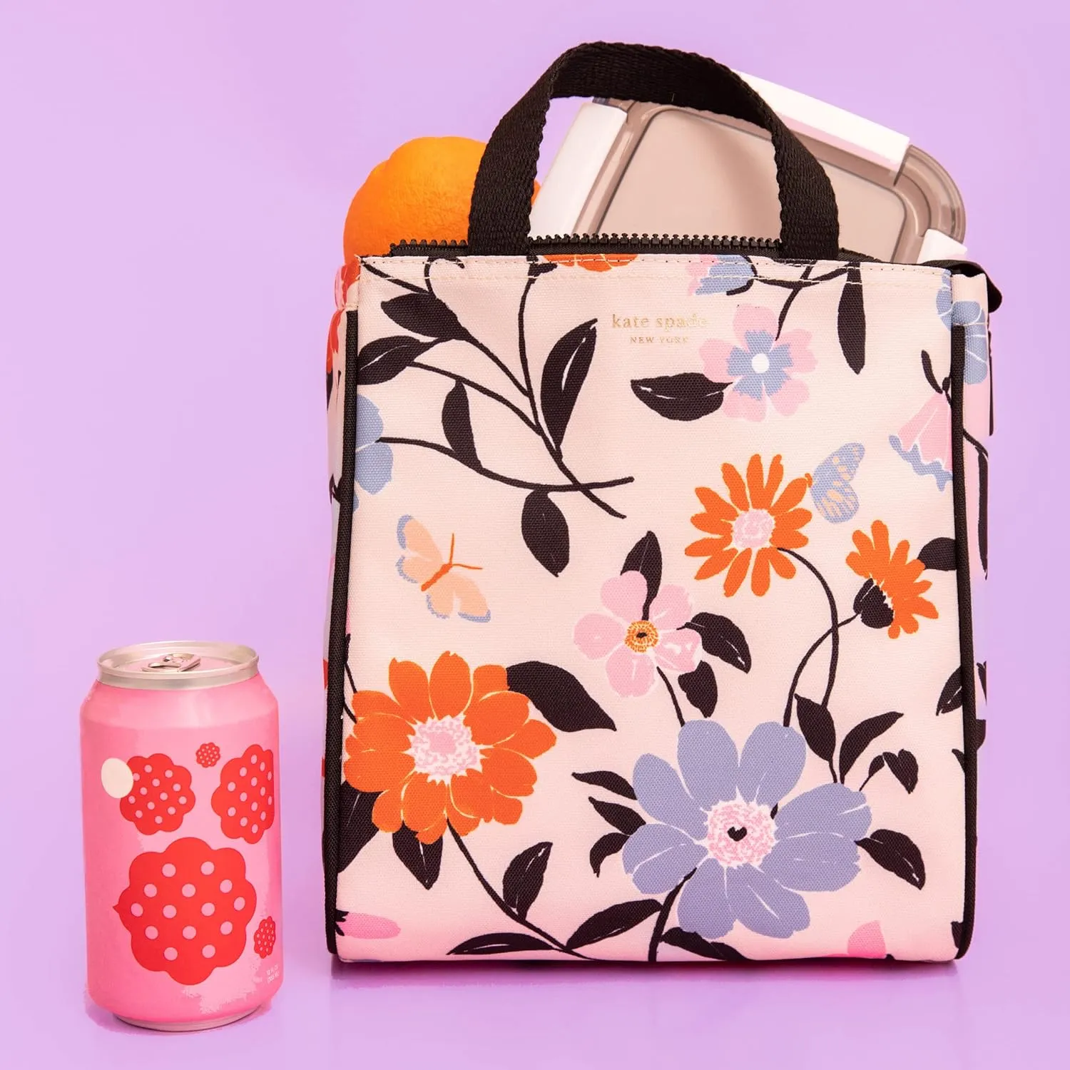 Kate Spade New York Portable Soft Cooler Lunch Bag with Silver Insulated Interior Lining and Storage Pocket, Floral Garden