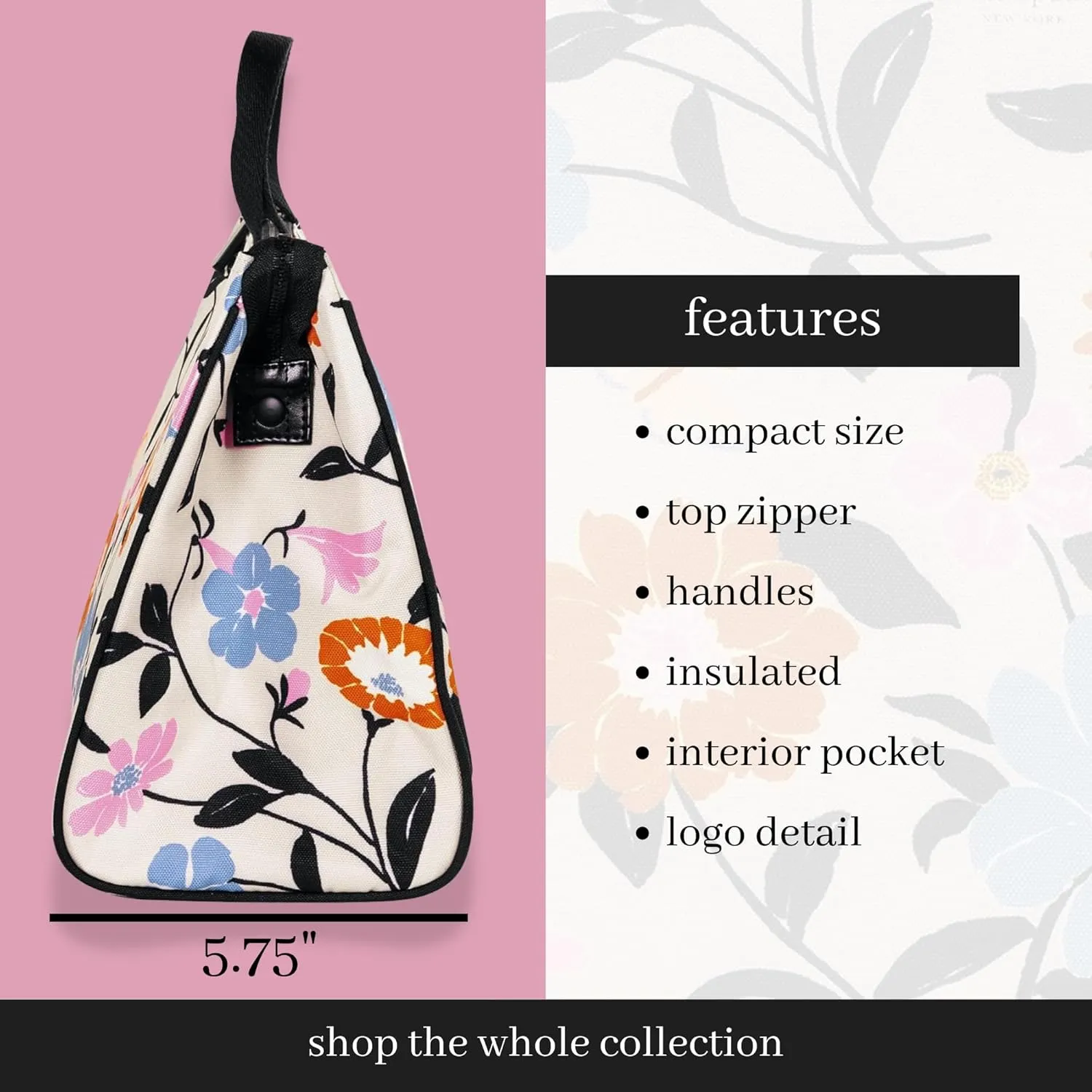Kate Spade New York Portable Soft Cooler Lunch Bag with Silver Insulated Interior Lining and Storage Pocket, Floral Garden