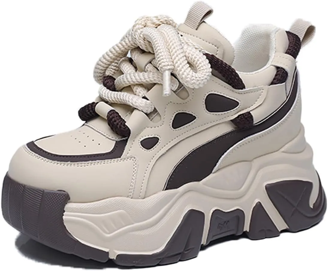 KCTRFSJ Women's Lace-up Chunky Platform Casual Sneakers,Fashion Round Toe Low Top Breathable Dad Shoes,Comfortable Non-Slip Height Increase Sport Shoes