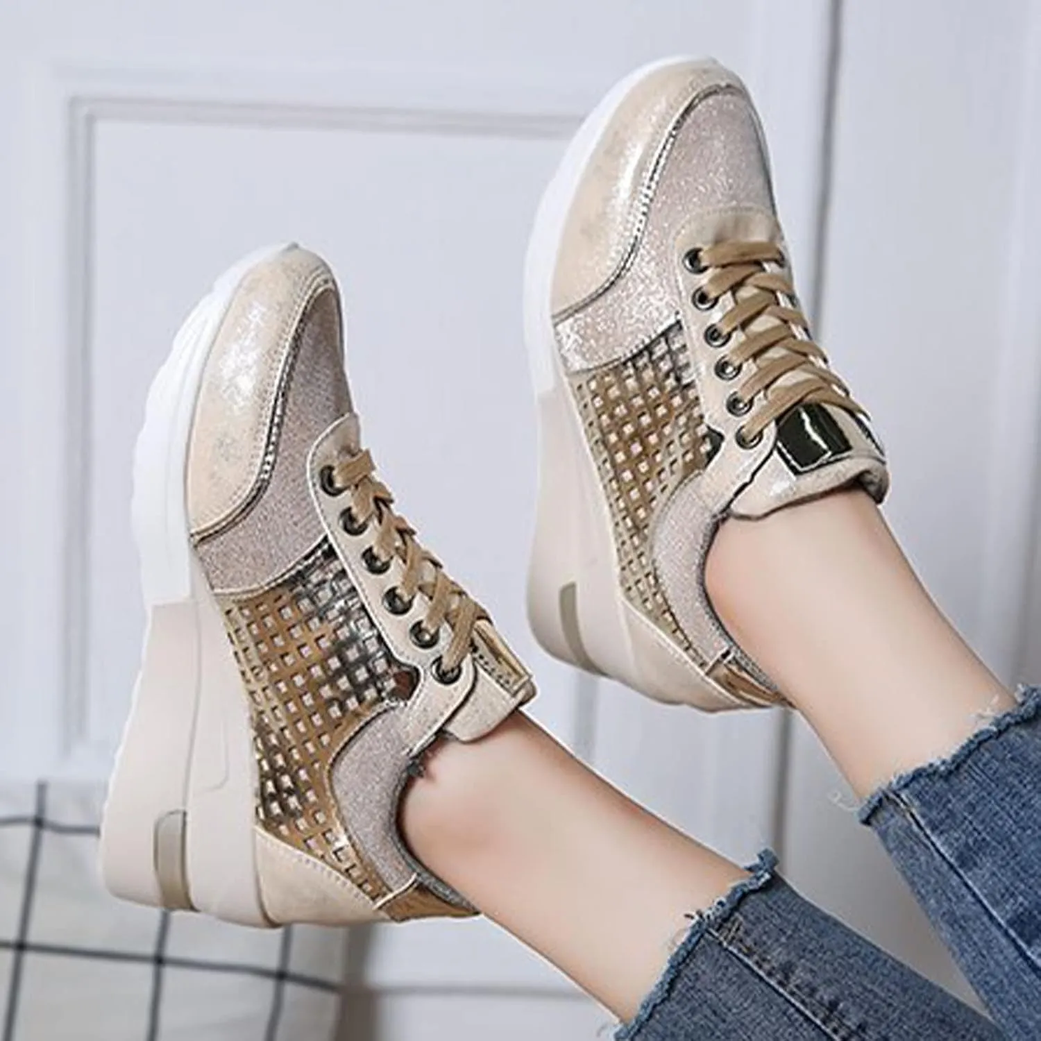 Keilinia Women's High Heeled Wedge Sneakers,2022 Fall Fashion Hidden Casual Comfort Breathable Lace Up Walking Platform Shoes