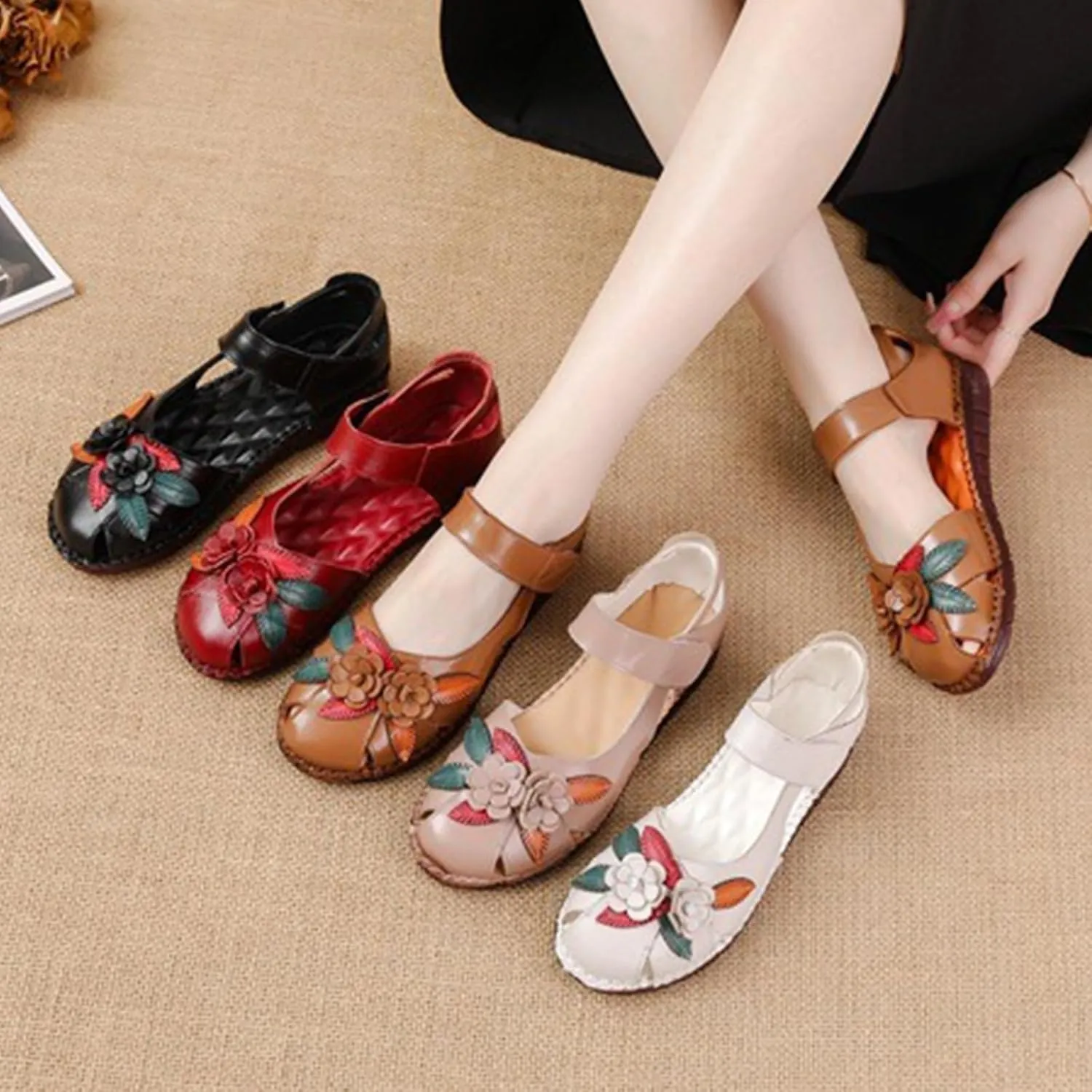 Keilinia Women's Summer Casual Closed Toe Flat Leather Sandals,Comfort Vintage Flowers Soft Sole Oxford Dress Mary Jane Shoes