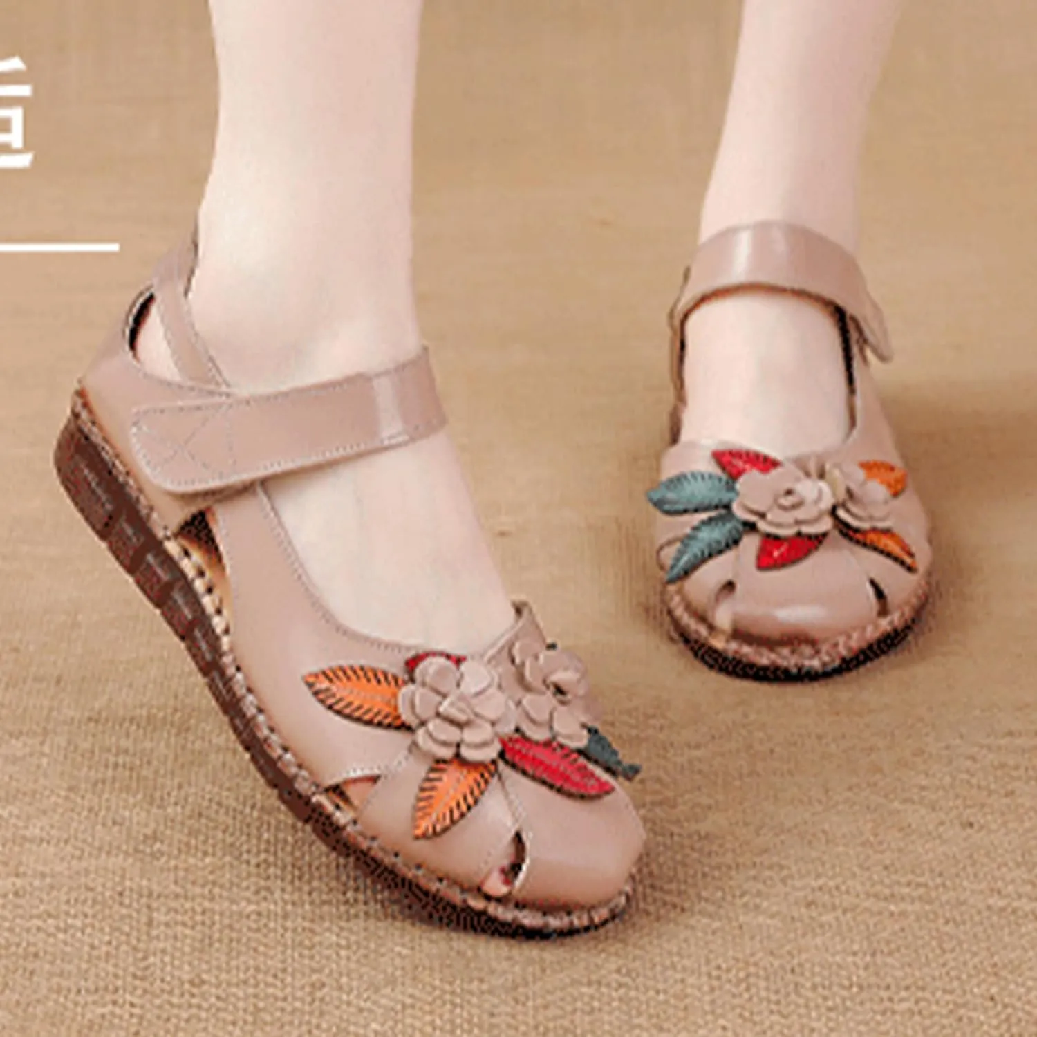 Keilinia Women's Summer Casual Closed Toe Flat Leather Sandals,Comfort Vintage Flowers Soft Sole Oxford Dress Mary Jane Shoes