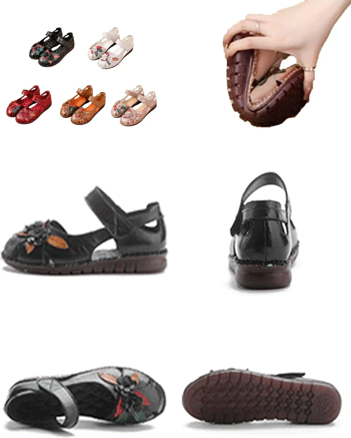 Keilinia Women's Summer Casual Closed Toe Flat Leather Sandals,Comfort Vintage Flowers Soft Sole Oxford Dress Mary Jane Shoes