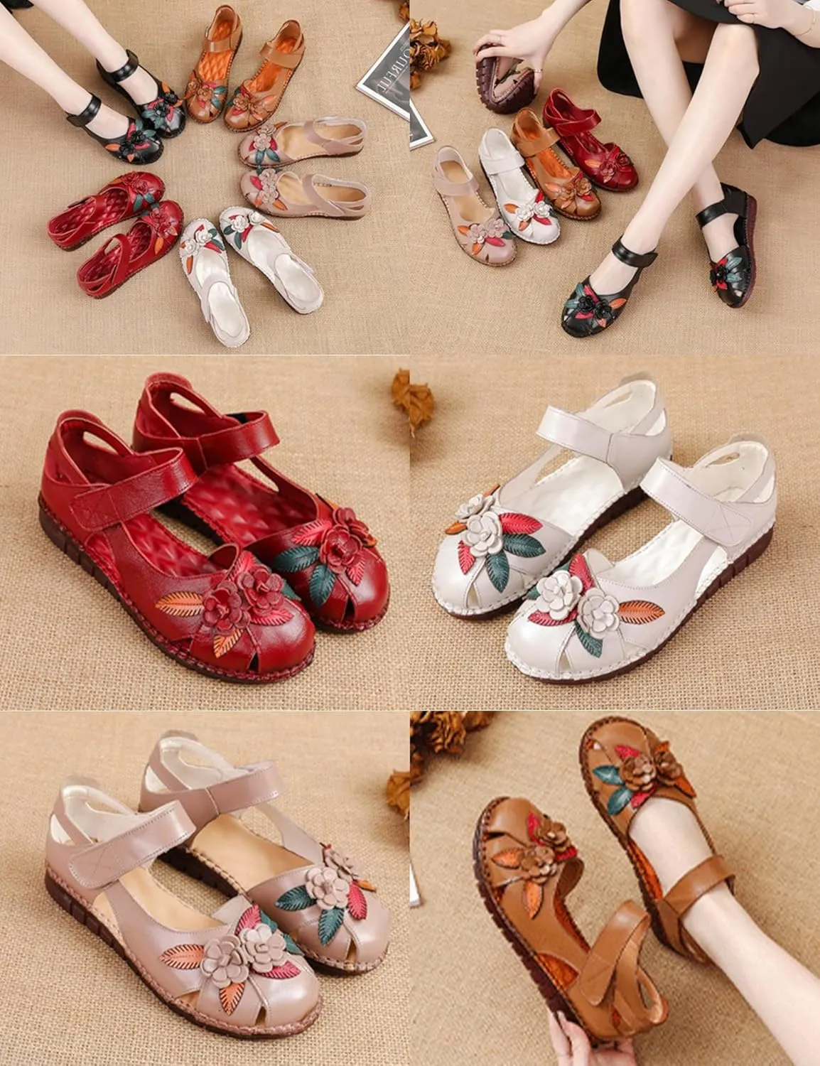 Keilinia Women's Summer Casual Closed Toe Flat Leather Sandals,Comfort Vintage Flowers Soft Sole Oxford Dress Mary Jane Shoes