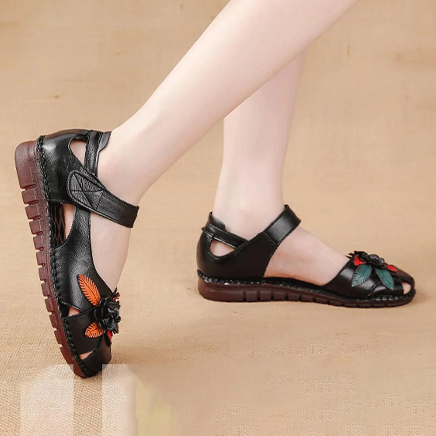Keilinia Women's Summer Casual Closed Toe Flat Leather Sandals,Comfort Vintage Flowers Soft Sole Oxford Dress Mary Jane Shoes