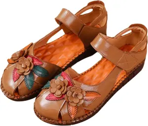 Keilinia Women's Summer Casual Closed Toe Flat Leather Sandals,Comfort Vintage Flowers Soft Sole Oxford Dress Mary Jane Shoes