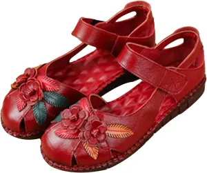 Keilinia Women's Summer Casual Closed Toe Flat Leather Sandals,Comfort Vintage Flowers Soft Sole Oxford Dress Mary Jane Shoes
