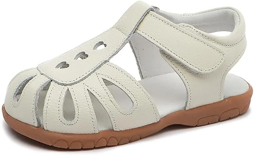 Kid Girl's Leather Closed Toe T-Strap Sandals Summer Ourdoor Cutout Princess Dress Flat Shoes