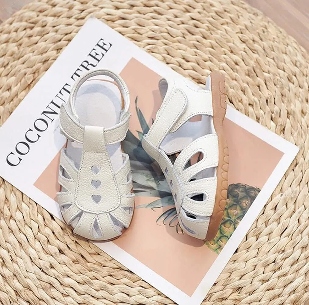 Kid Girl's Leather Closed Toe T-Strap Sandals Summer Ourdoor Cutout Princess Dress Flat Shoes