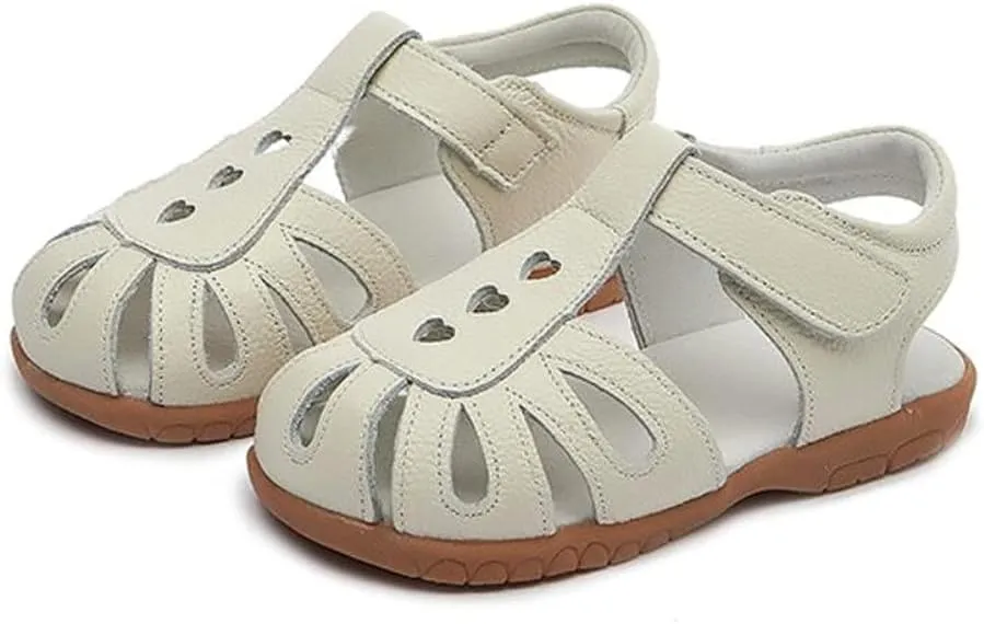 Kid Girl's Leather Closed Toe T-Strap Sandals Summer Ourdoor Cutout Princess Dress Flat Shoes