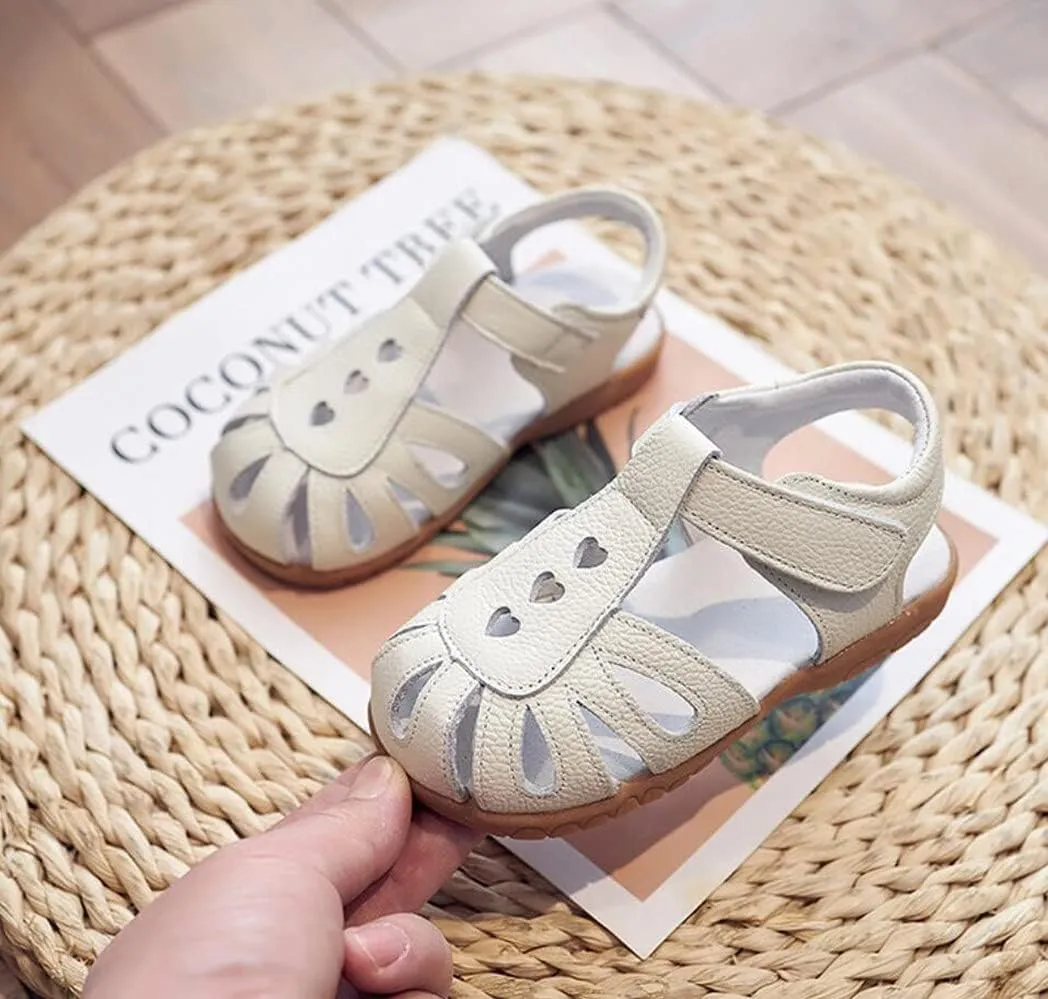 Kid Girl's Leather Closed Toe T-Strap Sandals Summer Ourdoor Cutout Princess Dress Flat Shoes