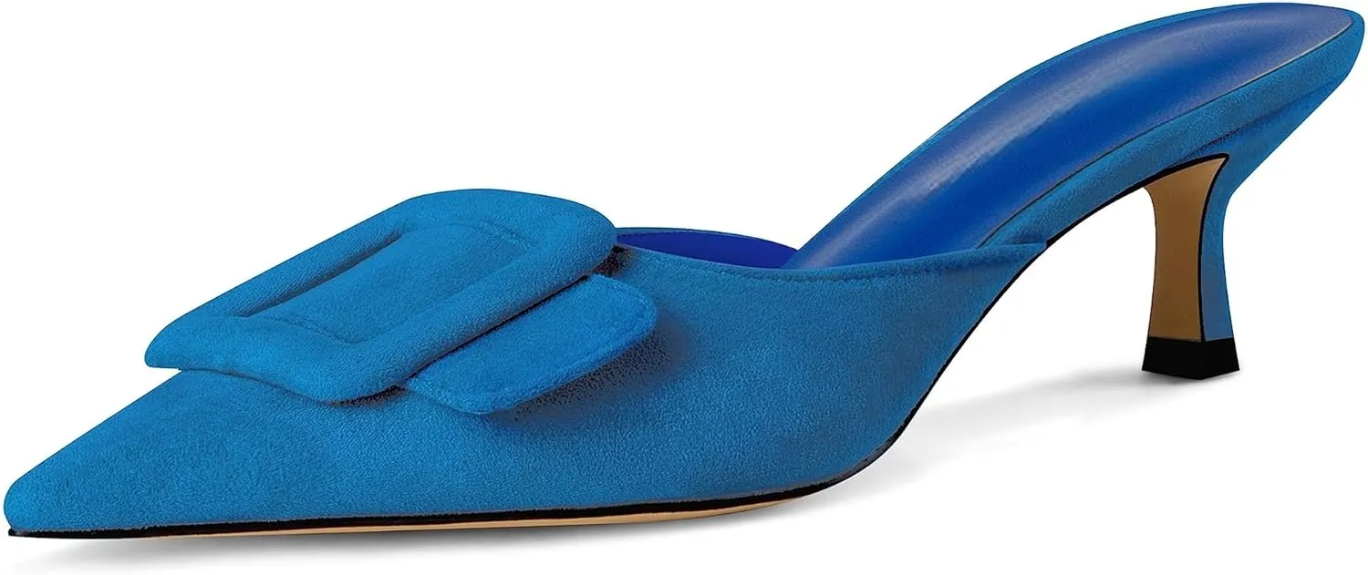 Kitten Heel Mules Sandals for Women Pointed Toe Square Buckle Backless Slip on Suede Stiletto Dress Heeled Sandals Wedding Party Shoes