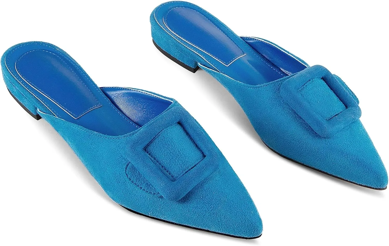 Kitten Heel Mules Sandals for Women Pointed Toe Square Buckle Backless Slip on Suede Stiletto Dress Heeled Sandals Wedding Party Shoes