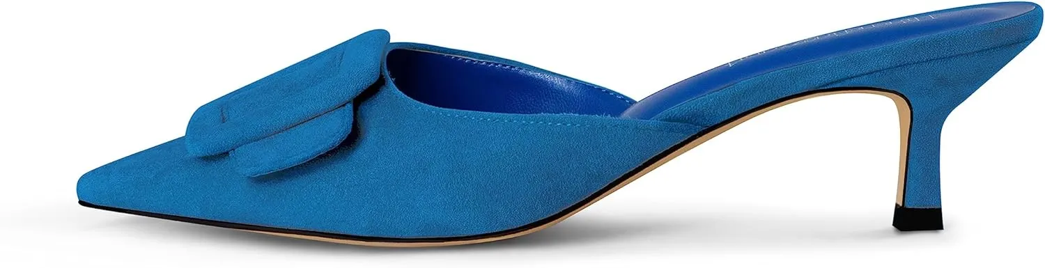 Kitten Heel Mules Sandals for Women Pointed Toe Square Buckle Backless Slip on Suede Stiletto Dress Heeled Sandals Wedding Party Shoes