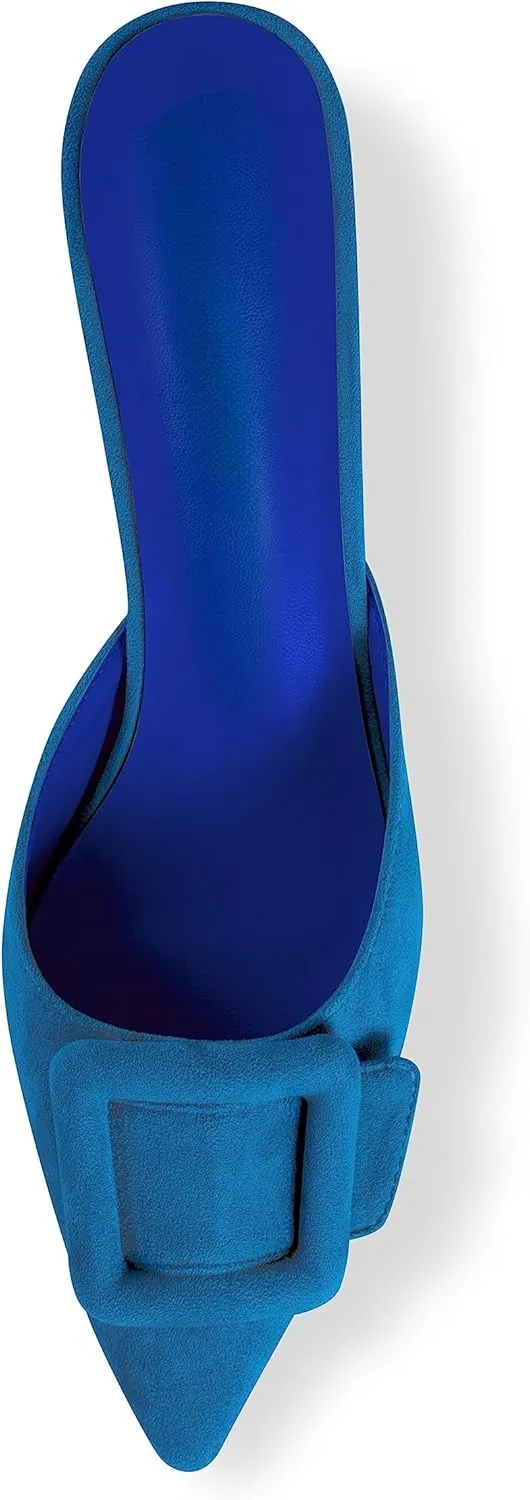 Kitten Heel Mules Sandals for Women Pointed Toe Square Buckle Backless Slip on Suede Stiletto Dress Heeled Sandals Wedding Party Shoes