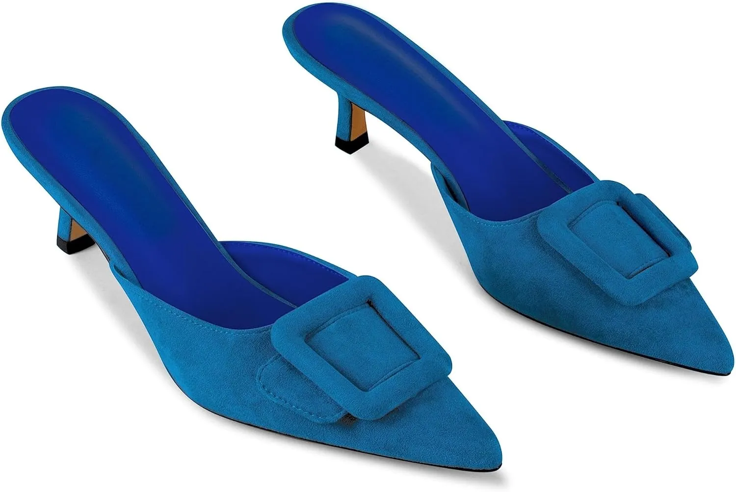 Kitten Heel Mules Sandals for Women Pointed Toe Square Buckle Backless Slip on Suede Stiletto Dress Heeled Sandals Wedding Party Shoes