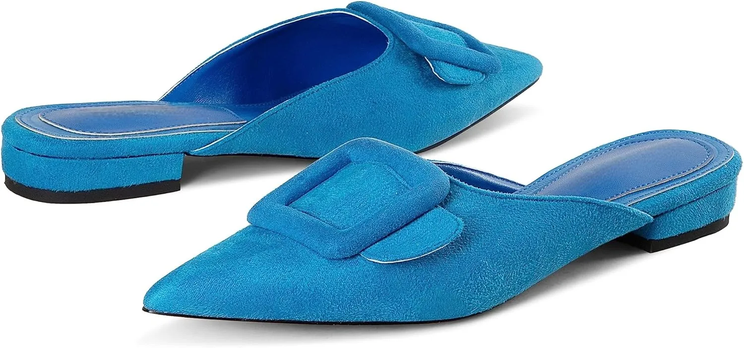 Kitten Heel Mules Sandals for Women Pointed Toe Square Buckle Backless Slip on Suede Stiletto Dress Heeled Sandals Wedding Party Shoes