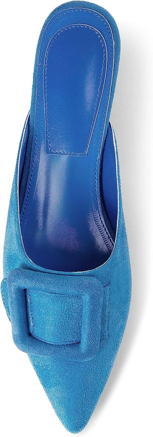 Kitten Heel Mules Sandals for Women Pointed Toe Square Buckle Backless Slip on Suede Stiletto Dress Heeled Sandals Wedding Party Shoes