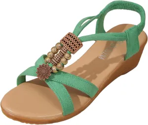 Ladies Summer Retro Bohemian Beaded Milled Velvet Open Toe Beach Outwear Plus Size Wedding Womens Wide Size Sandals