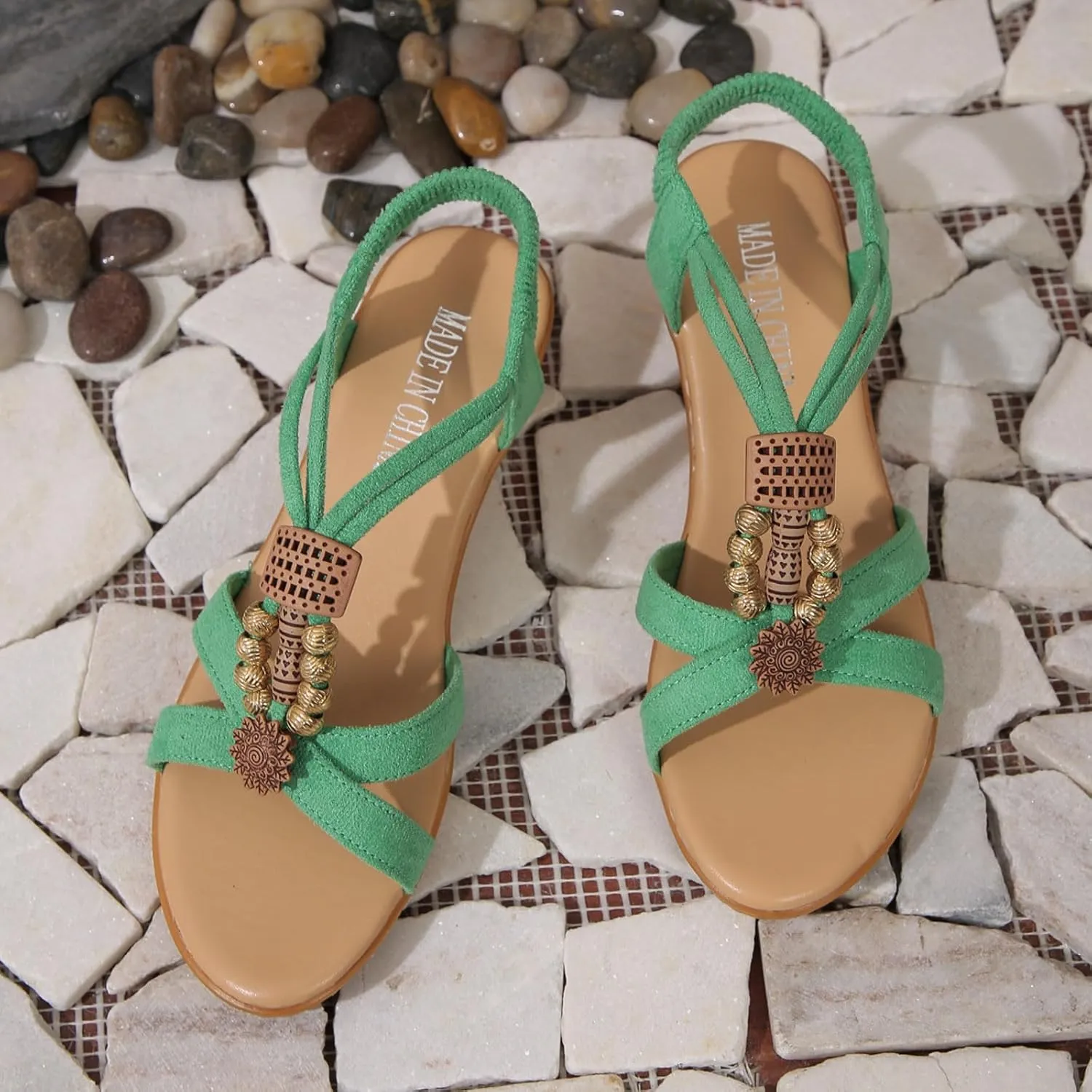 Ladies Summer Retro Bohemian Beaded Milled Velvet Open Toe Beach Outwear Plus Size Wedding Womens Wide Size Sandals