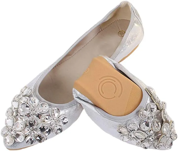 Lauthen.S Women Foldable Ballet Flats, Pointed Toe Wedding Rhinestone Slip on Flat Shoes