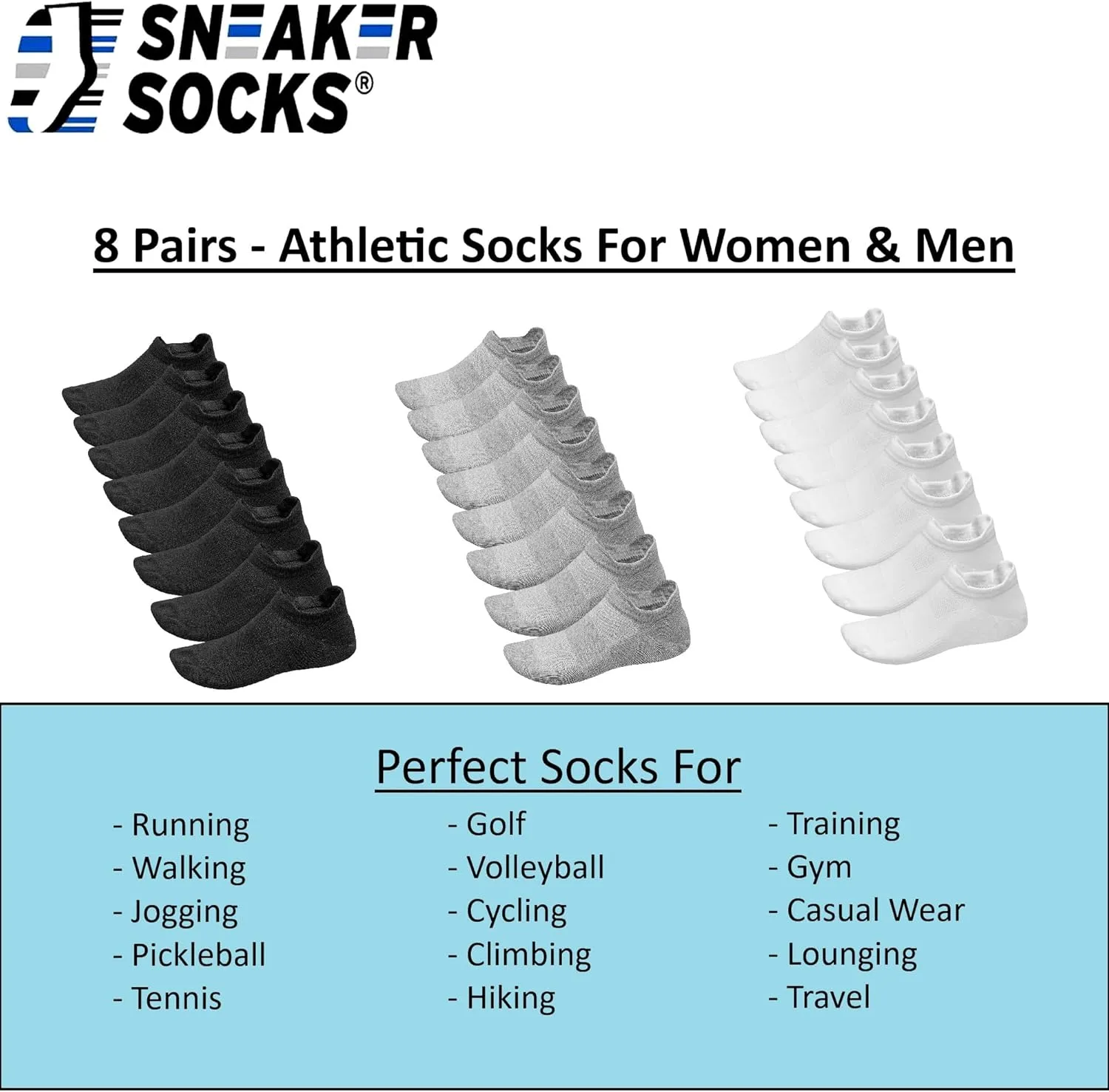 Lightweight Women's & Men's Low Cut Socks, 8 Pairs Running Socks - Front & Back Tabbed With Breathable Cotton