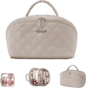 LOVEVOOK Travel Makeup Bag for Women, 2Pcs Set Puffer Waterproof Cosmetic Organizer, Large Capacity Pouch Open Flat Toiletry Bag with Divider & Handle, Portable Gift for Her
