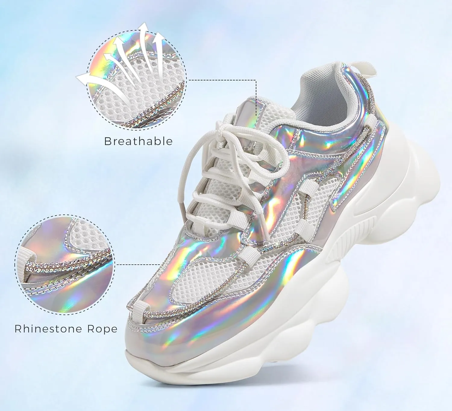 LUCKY STEP Women's 90s Chunky Sneakers Sparkly Bling Rhinestone Rope Platform Casual Thick Dad Rave Walking Shoes