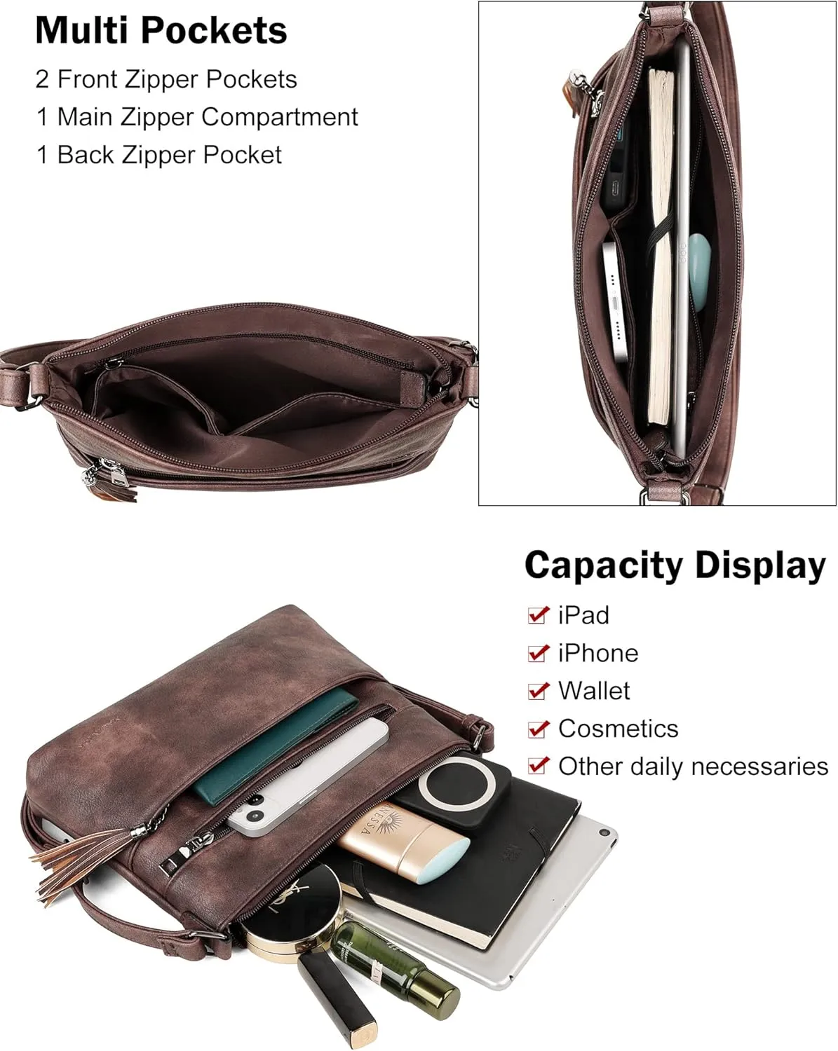 MASINTOR Crossbody Bags for Women, Lightweight Medium Crossbody Purse, Soft Leather Women's Shoulder Handbags with Tassel for Shopping or Travel