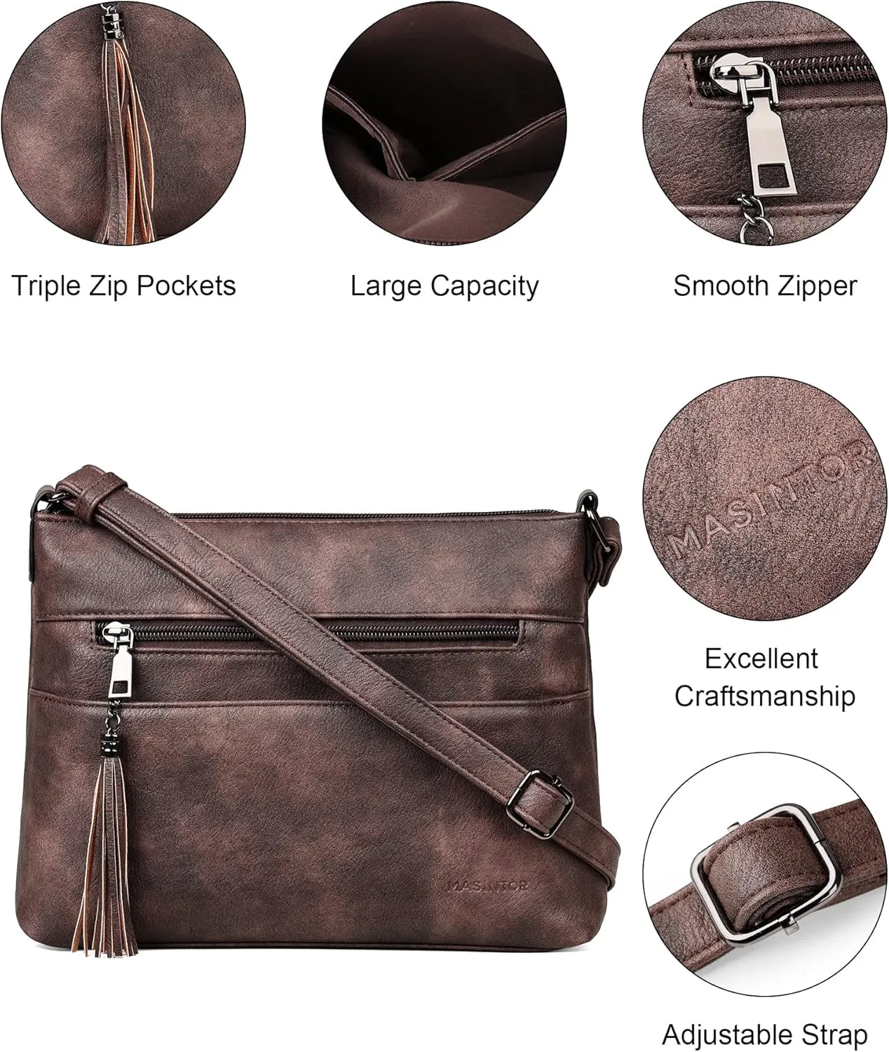 MASINTOR Crossbody Bags for Women, Lightweight Medium Crossbody Purse, Soft Leather Women's Shoulder Handbags with Tassel for Shopping or Travel