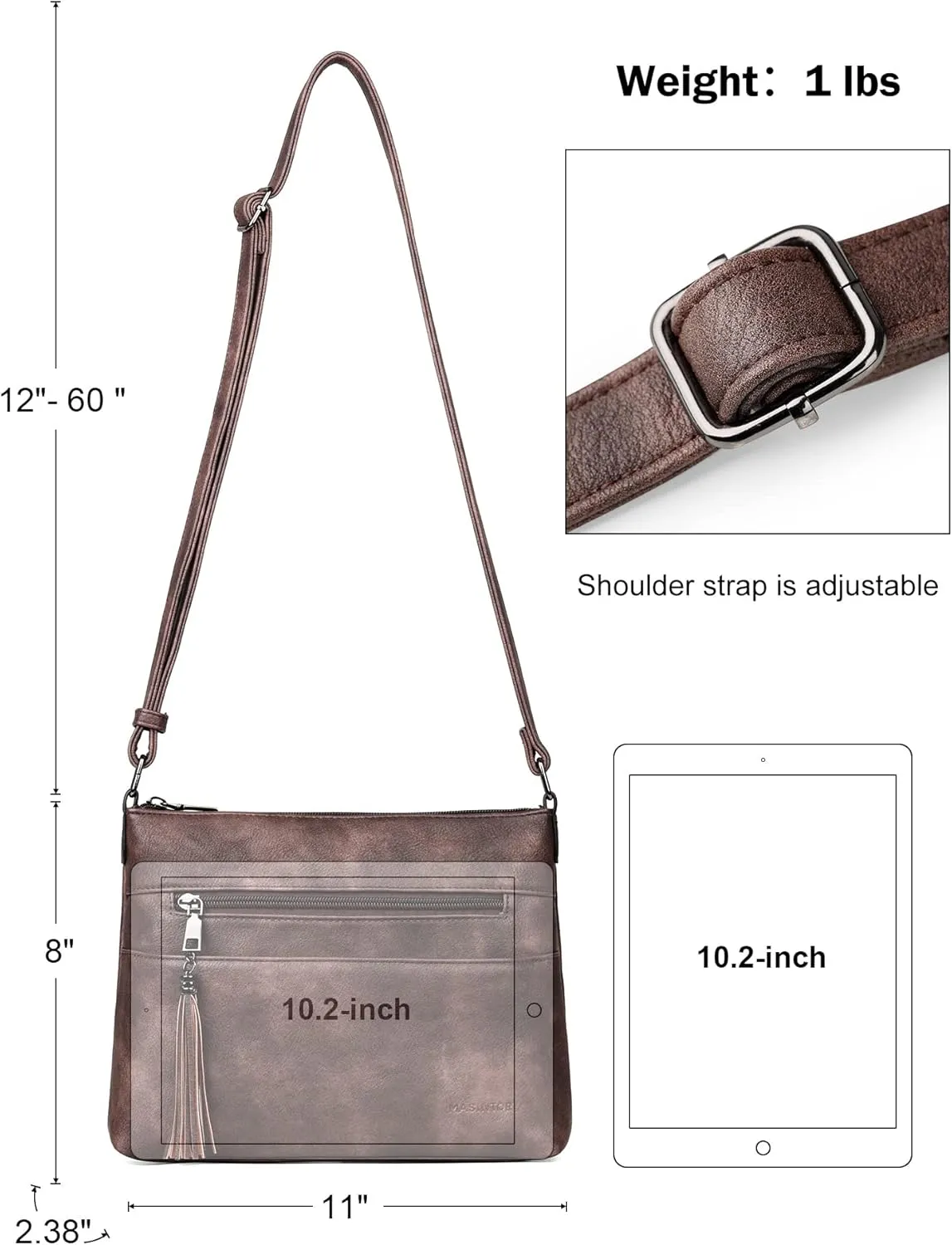 MASINTOR Crossbody Bags for Women, Lightweight Medium Crossbody Purse, Soft Leather Women's Shoulder Handbags with Tassel for Shopping or Travel