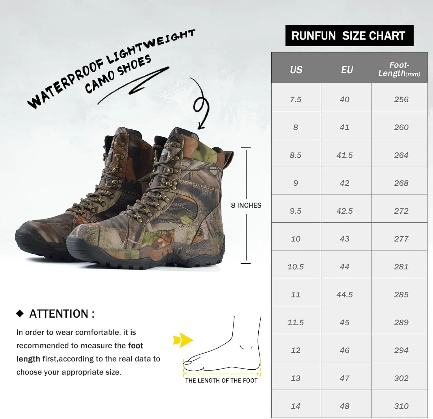 Men's 8" Waterproof Lightweight Hunting Boots Camo Insulated Hiking Boots, 200g Thinsulate