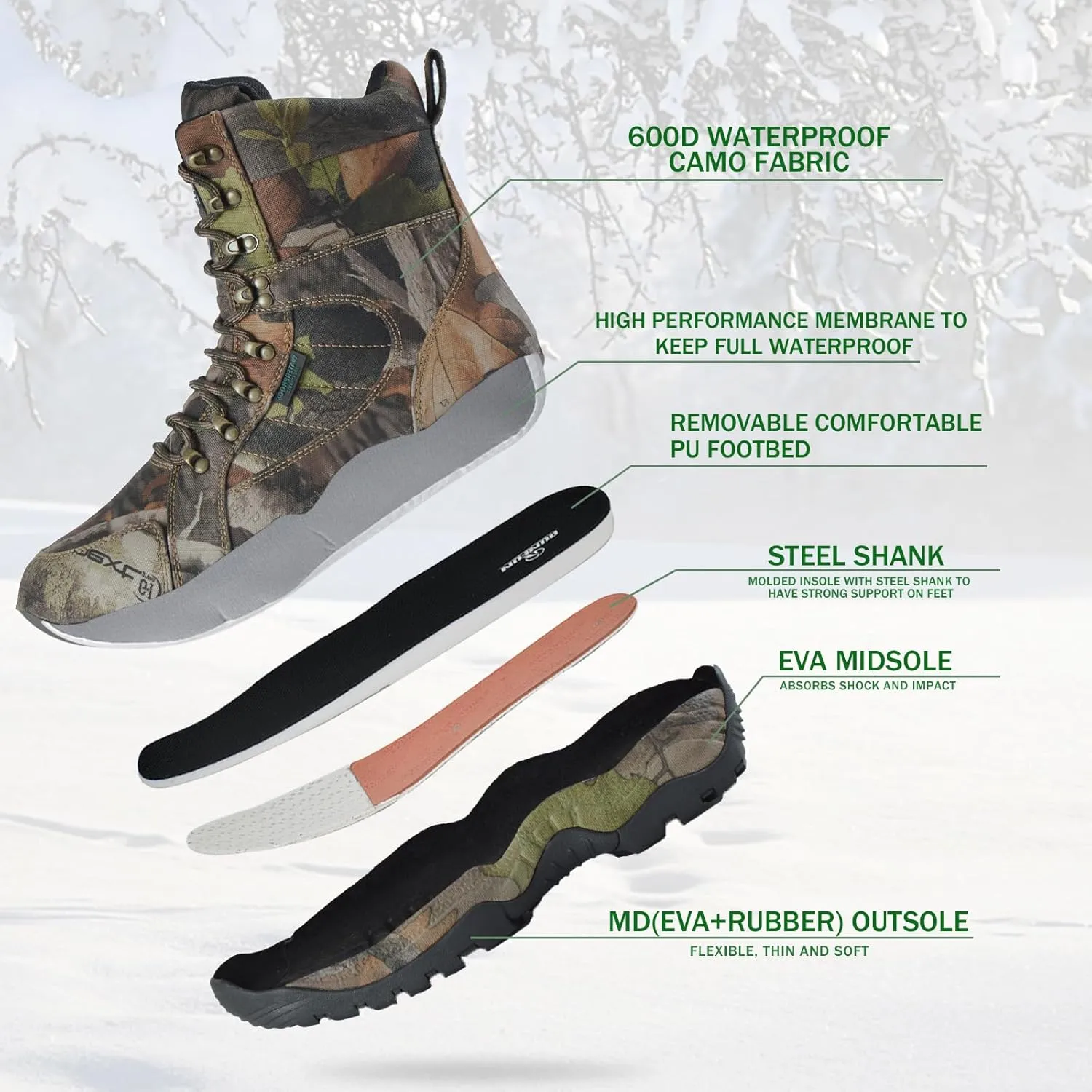 Men's 8" Waterproof Lightweight Hunting Boots Camo Insulated Hiking Boots, 200g Thinsulate