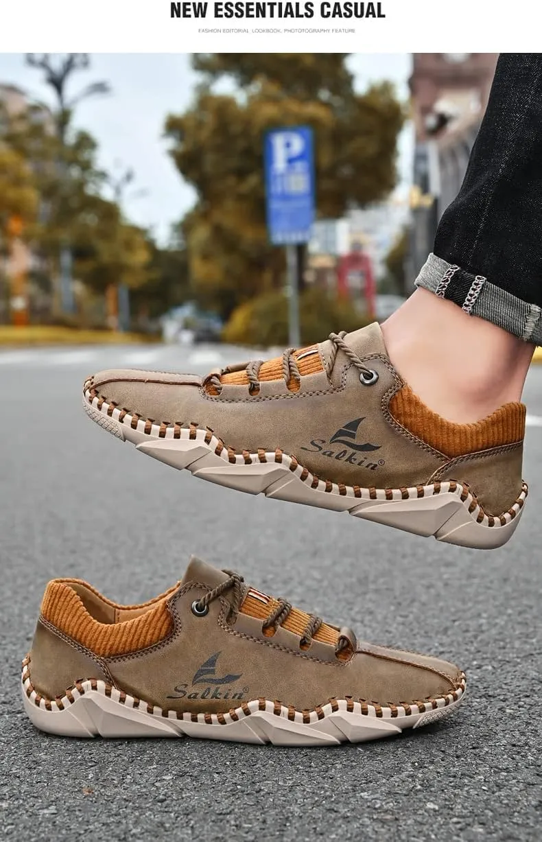 Mens Casual Shoes Fashion Sneakers Leather Oxfords Work Shoe Sneaker for Men Driving Loafers Shoes Slip On Flat Loafers Boat Shoes Moccasins Lightweight Soft Comfort Lace up Hand Stitching Ankle Boots
