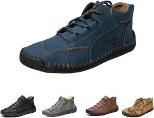 Men's Comfy Lightweight Stitching Leather Shoes, Leather Hand-Stitched Flat Mid-Cut Boots for Hiking Walking Driving (Blue,47EU)