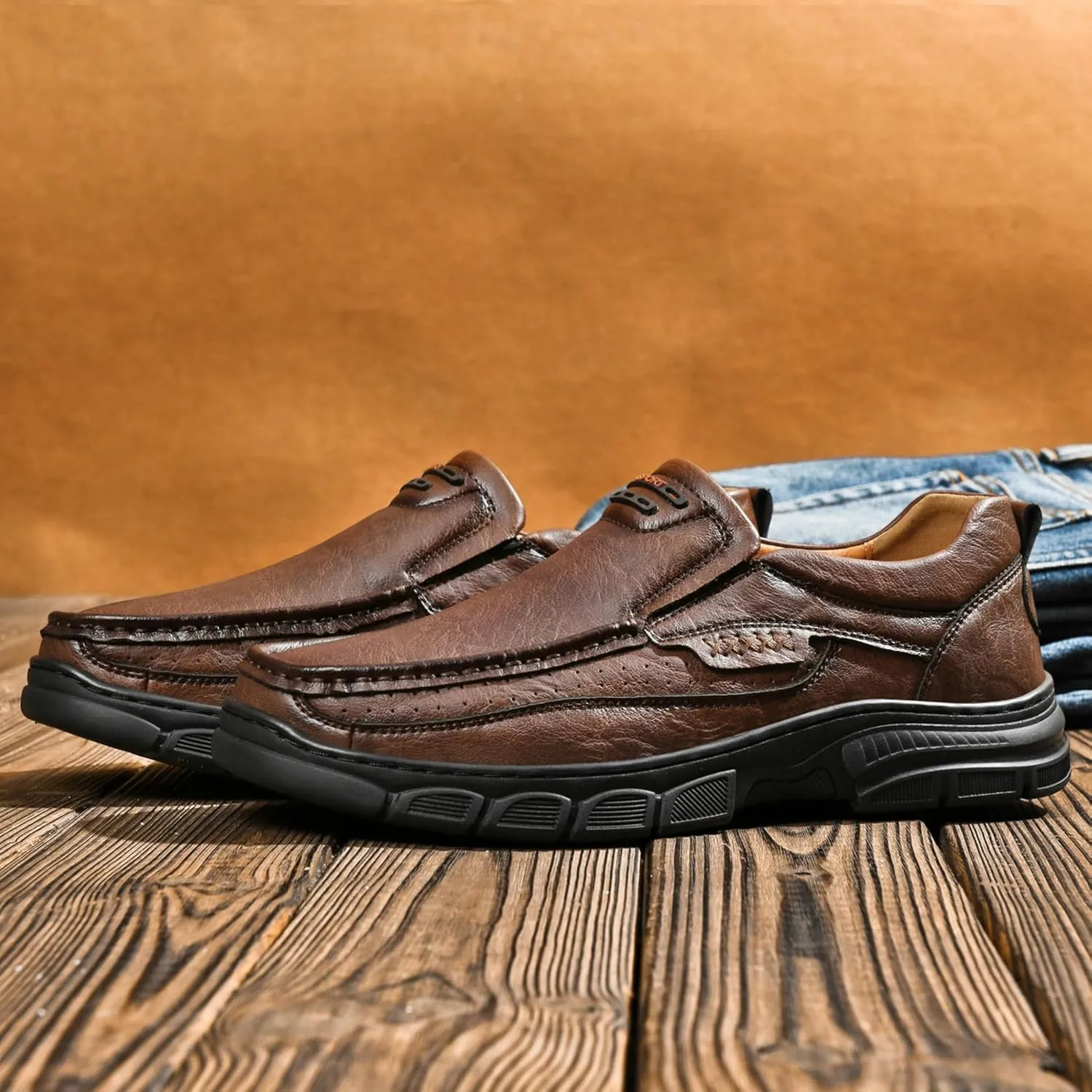 Men's Fashion Cow Leather Slip-On Casual Loafers Retro Soft Thick Sole Comfy Non Slip Breathable Business Oxfords Lightweight Outdoor Work Drving Shoe