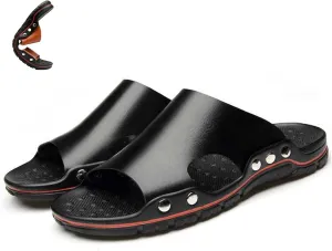 Men'S Genuine Leather Rivet Flat Slide Sandals Fashion Round Open Toe Slip-On Soft Sole Beach Sandals Summer Casual Vacation Party Male Sandals