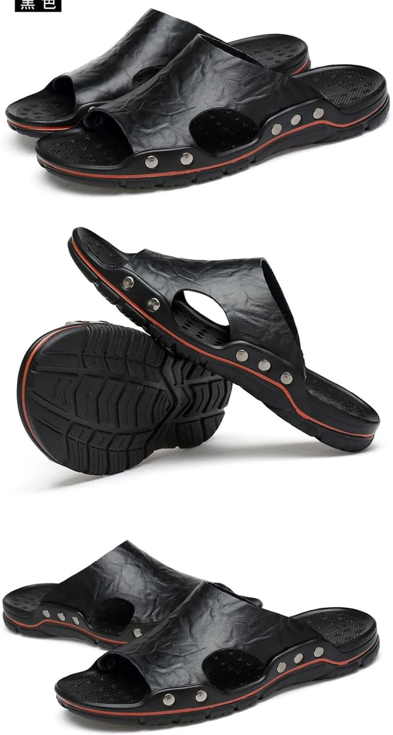 Men'S Genuine Leather Rivet Flat Slide Sandals Fashion Round Open Toe Slip-On Soft Sole Beach Sandals Summer Casual Vacation Party Male Sandals